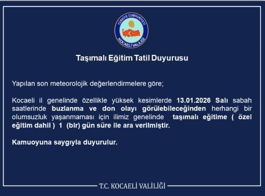 Kocaeli okullar tatil mi, 13 Ocak Salı Kocaeli'de okul yok mu (KOCAELİ VALİLİĞİ)?