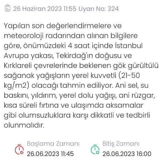 İstanbul'da Kuvvetli Yağış Uyarısı