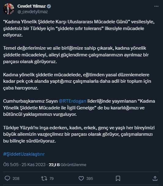 Cumhurbaşkanı Yardımcısı Yılmaz'dan 'Kadına Yönelik Şiddete Karşı Uluslararası Mücadele Günü' mesajı: Daha adil bir toplum için çaba harcıyoruz