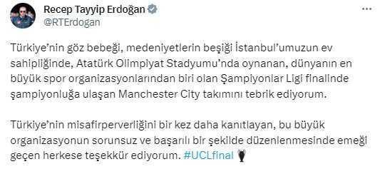 Cumhurbaşkanı Erdoğan'dan Şampiyonlar Ligi şampiyonu Manchester City'ye tebrik mesajı