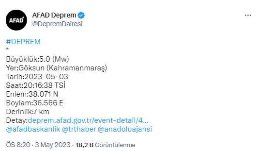 Son Dakika: Kahramanmaraş'ın Göksun ilçesinde 5 büyüklüğünde deprem meydana geldi