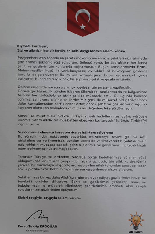 Cumhurbaşkanı Erdoğan'dan şehit ailelerine özel mektup