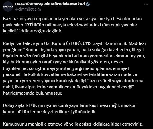 Dezenformasyonla Mücadele Merkezi, RTÜK'ün yayın kesme iddiasını yalanladı