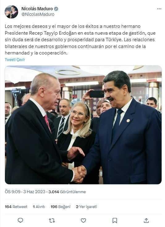 Venezuela Devlet Başkanı Nicolas Maduro, Cumhurbaşkanı Erdoğan'ın 'Göreve Başlama Töreni'nde: İki ülke kardeşlikte birleşti