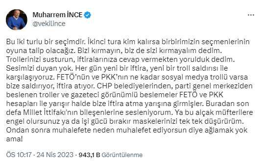 İnce'den Millet İttifakı'na 'trol' resti: Ya engel olun ya da maskelerinizi düşürürüm
