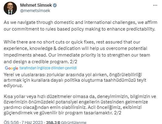 Mehmet Şimşek'ten bakanlık sonrası ilk paylaşım: Acil önceliğimiz, ekibimizi güçlendirmek ve güvenilir bir program tasarlamaktır