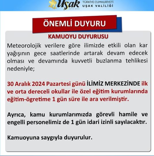 Bugün okullar tatil mi? 30 Aralık Pazartesi okul yok mu (VALİLİK KAR TATİLİ)?