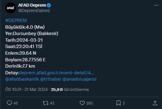 Balıkesir'de 4 büyüklüğünde deprem