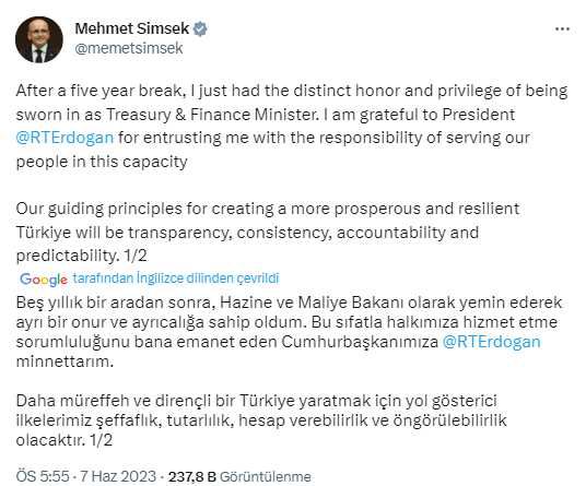 Mehmet Şimşek'ten bakanlık sonrası ilk paylaşım: Acil önceliğimiz, ekibimizi güçlendirmek ve güvenilir bir program tasarlamaktır