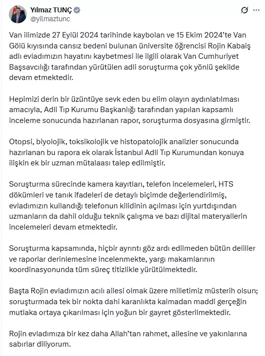 Adalet Bakanı Tunç'tan Rojin Kabaiş açıklaması: Adli Tıp'tan uzman mütaalası talep edildi