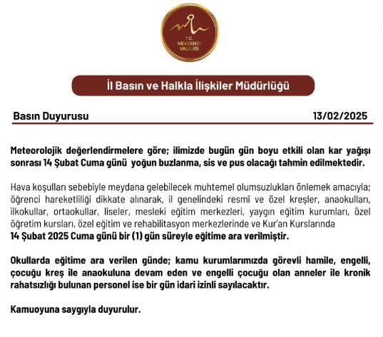 Nevşehir okullar tatil mi SON DAKİKA? 14 Şubat Cuma Nevşehir okul yok mu (Nevşehir Valiliği Açıklaması – KAR TATİLİ)?