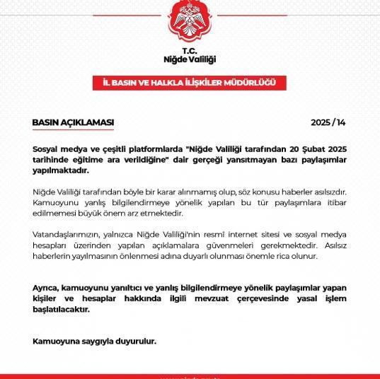 Niğde okullar tatil mi SON DAKİKA? 20 Şubat Perşembe Niğde okul yok mu (Niğde Valiliği Açıklaması – KAR TATİLİ)?