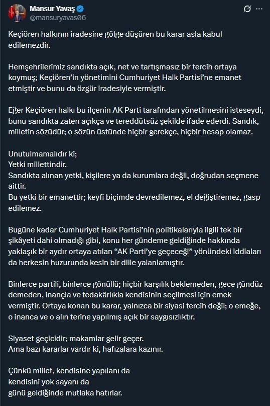 Keçiören Belediye Başkanı CHP'den istifa etti, Mansur Yavaş'tan ilk açıklama geldi