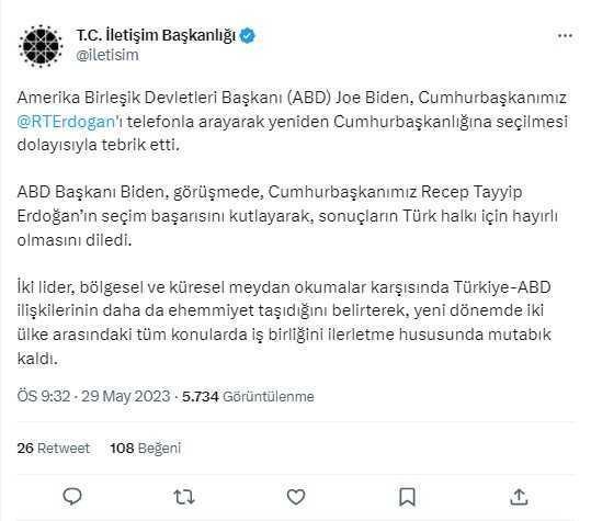Biden'dan Cumhurbaşkanı Erdoğan'a tebrik telefonu