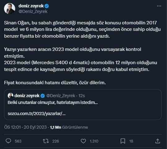 Sinan Oğan, '12 milyonluk araba' iddiasına ilişkin açıklama yaptı, Deniz Zeyrek özür diledi