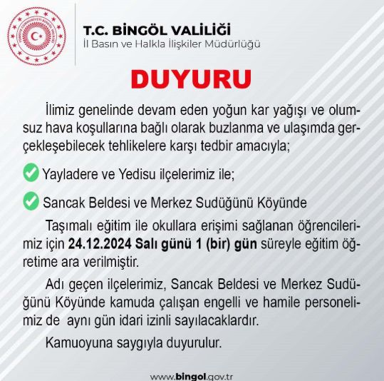 Bingöl okullar tatil mi? 24 Kasım Salı Bingöl'de okul yok mu (Valilik Açıklaması)?
