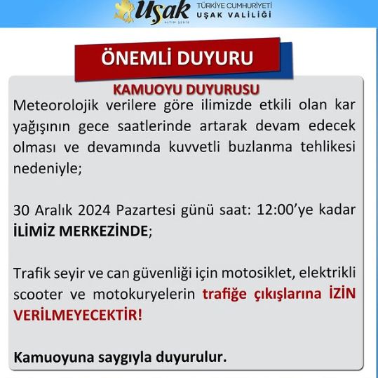 Uşak okullar tatil mi 30 Aralık Pazartesi (Son Dakika Uşak Valiliği)?