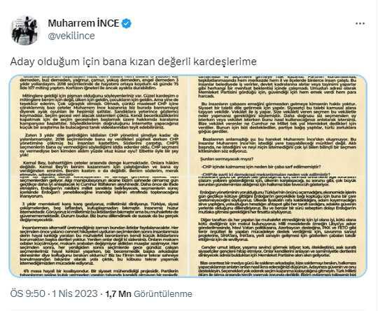 İnce, adaylıktan çekilmesini isteyenlere 4 sayfalık mektupla yanıt verdi: Ben seçime girmezsem Erdoğan ilk turda kazanır