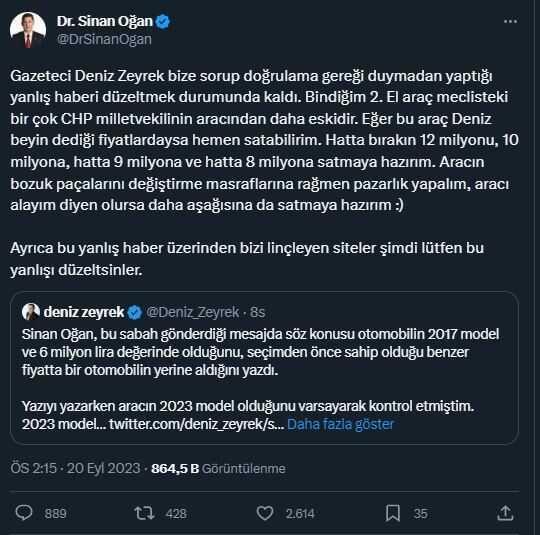 Sinan Oğan, '12 milyonluk araba' iddiasına ilişkin açıklama yaptı, Deniz Zeyrek özür diledi