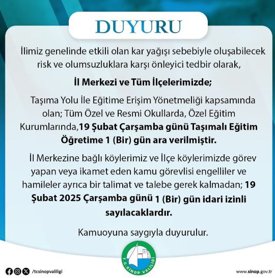 Sinop okullar tatil mi SON DAKİKA? 19 Şubat Çarşamba Sinop okul yok mu (Sinop Valiliği KAR TATİLİ AÇIKLAMASI)?