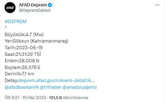 Son Dakika: Kahramanmaraş'ın Göksun ilçesinde 4.7 büyüklüğünde deprem meydana geldi