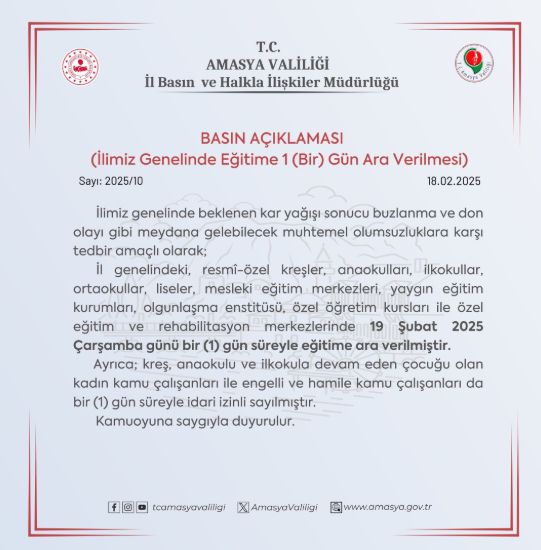Amasya okullar tatil mi SON DAKİKA? Amasya okul yok mu (Amasya Valiliği KAR TATİLİ AÇIKLAMASI)?
