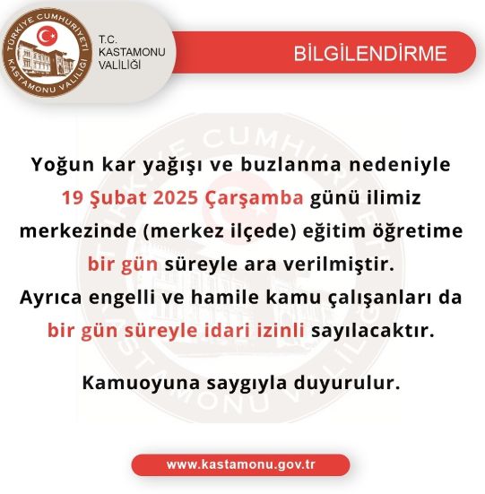 Kastamonu okullar tatil mi SON DAKİKA? 19 Şubat Çarşamba Kastamonu okul yok mu ( Kastamonu KAR TATİLİ AÇIKLAMASI)?