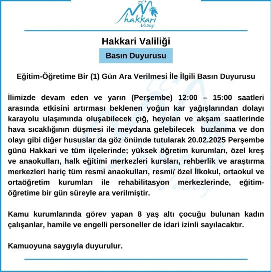 Hakkari okullar tatil mi SON DAKİKA? 20 Şubat Perşembe Hakkari okul yok mu (Hakkari Valiliği Açıklaması – KAR TATİLİ)?