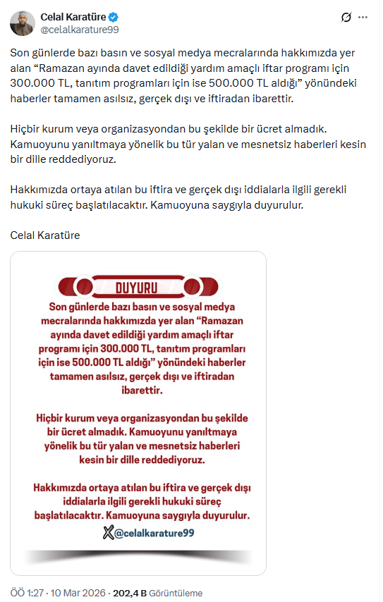 Ramazan iddiaları sonrası Celal Karatüre sessizliğini bozdu