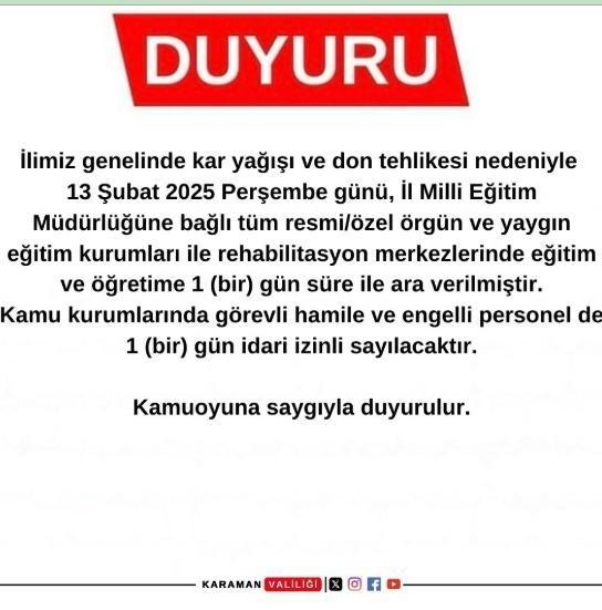 Karaman okullar tatil mi SON DAKİKA? 13 Şubat Perşembe Karaman okul yok mu (Karaman Valiliği Açıklaması – KAR TATİLİ)?