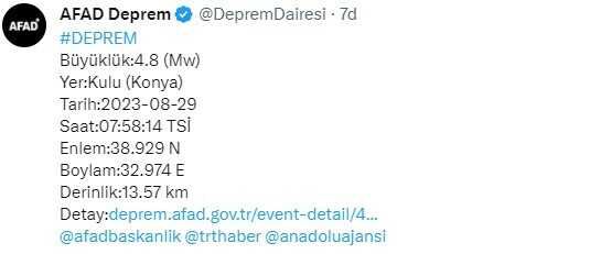 Son Dakika: Konya'nın Kulu ilçesinde 4.8 büyüklüğünde deprem