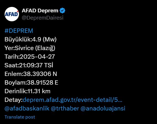Elazığ deprem mi oldu SON DAKİKA? Elazığ deprem şiddeti kaç 27 Nisan Pazar?