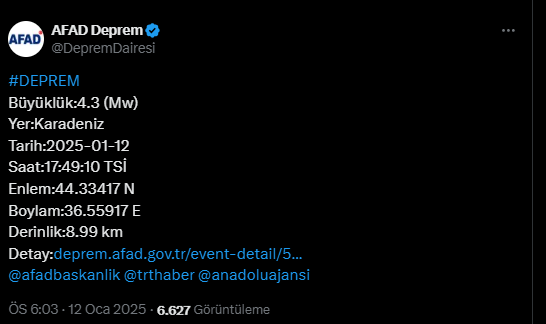 Karadeniz'de 4.3 büyüklüğünde deprem