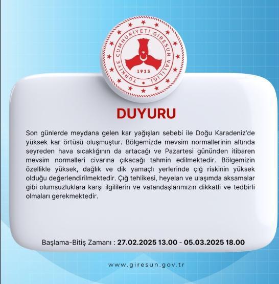 Giresun okullar tatil mi? 28 Şubat Cuma Giresun okullar yok mu? (Giresun VALİLİĞİ KAR TATİLİ AÇIKLAMASI!)