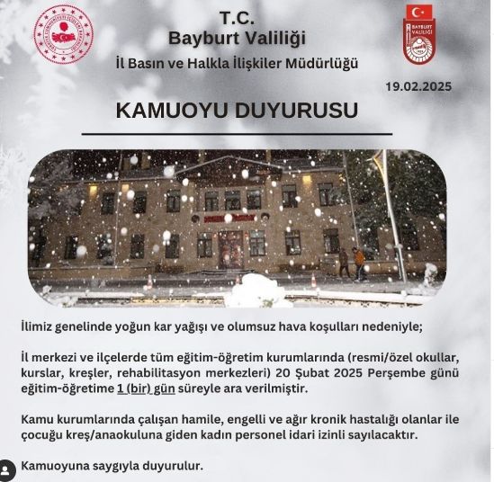Bayburt okullar tatil mi SON DAKİKA? 20 Şubat Perşembe Bayburt okul yok mu (Bayburt Valiliği Açıklaması – KAR TATİLİ)?