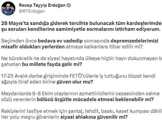 Cumhurbaşkanı Erdoğan'dan sandığa gidecek vatandaşlara çağrı: Şu 5 soruyu kendinize sormanızı istirham ediyorum