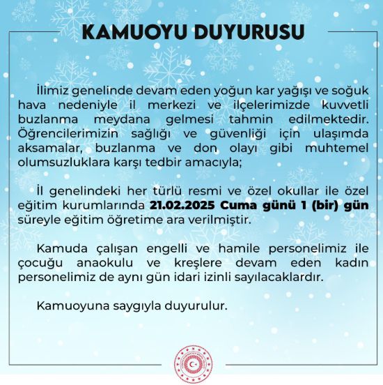 Bingöl okullar tatil mi SON DAKİKA? 21 Şubat Cuma Bingöl okul yok mu (Bingöl Valiliği Açıklaması – KAR TATİLİ)?