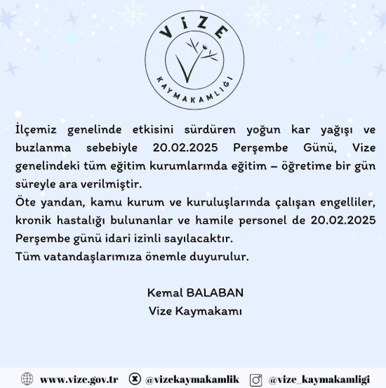 Kırklareli okullar tatil mi SON DAKİKA? 20 Şubat Perşembe Kırklareli okul yok mu (Kırklareli Valiliği Açıklaması – KAR TATİLİ)?