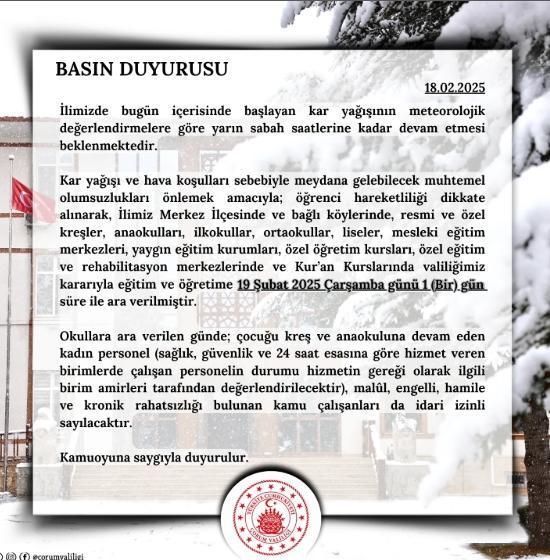 Çorum okullar tatil mi SON DAKİKA? 19 Şubat Çarşamba Çorum okul yok mu (Çorum Valiliği KAR TATİLİ AÇIKLAMASI)?