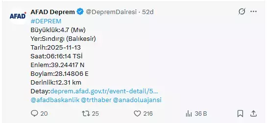 Sındırgı'da sabah saatlerinde kaydedilen deprem