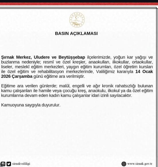 Şırnak okullar tatil mi, 14 Ocak Çarşamba Şırnak'ta okul yok mu (ŞIRNAK VALİLİĞİ - KAR TATİLİ)?