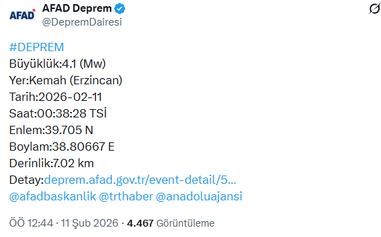 Erzincan'da 4.1 büyüklüğünde deprem