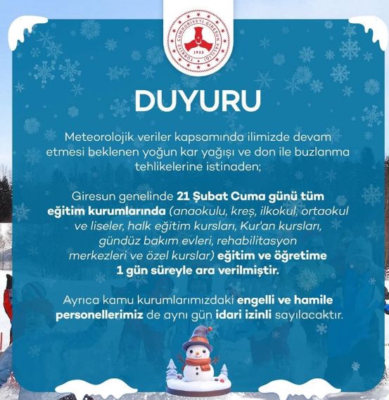 Giresun okullar tatil mi SON DAKİKA? 21 Şubat Cuma Giresun okul yok mu (Giresun Valiliği Açıklaması – KAR TATİLİ)?