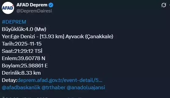 Ege Denizi'nde 4 büyüklüğünde deprem