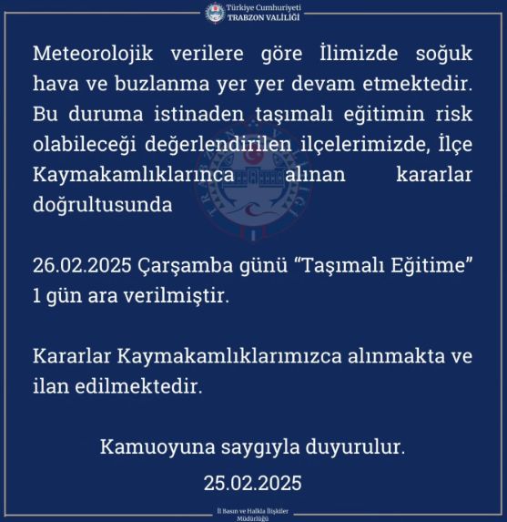 Trabzon okullar tatil mi SON DAKİKA? 26 Şubat Çarşamba Trabzon okul yok mu (Trabzon Valiliği Açıklaması – KAR TATİLİ)?