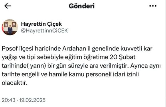 Ardahan okullar tatil mi SON DAKİKA? 20 Şubat Perşembe Ardahan okul yok mu (Ardahan Valiliği Açıklaması – KAR TATİLİ)?