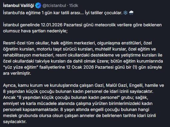 Yarın okullar tatil mi, 12 Ocak Pazartesi okul yok mu?