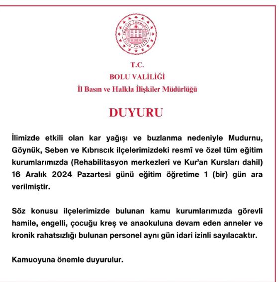 Bolu okullar tatil mi (Göynük, Mudurnu, Seben, Kıbrıscık)? SON DAKİKA 16 Aralık Pazartesi Bolu'da okul yok mu (Bolu Valiliği Açıklaması)?