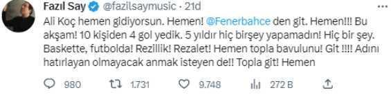 Fazıl Say sinir krizi geçirdi: Ali Koç çabuk bavulunu topla, hemen gidiyorsun