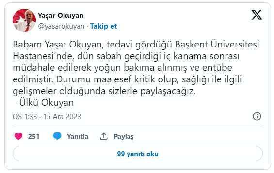 Yaşar Okuyan hastaneye kaldırıldı! Entübe edilen eski bakanın durumu kritik